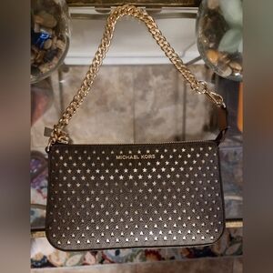 Michael Kors Brown Shoulder Bag with Gold Star Studs and Chain Strap